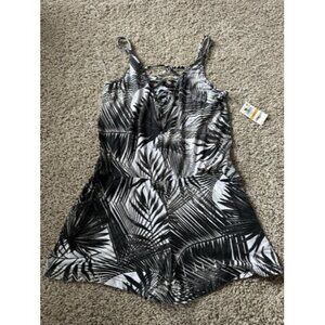 Material Girls Womens Black White Palms Trees Romper Pockets Size Small Casual